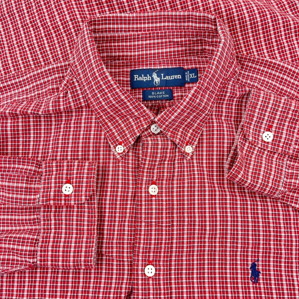 Ralph Lauren Shirt Men XL Red Plaid Button Up Oxford Cloth Blake Blue Pony Adult